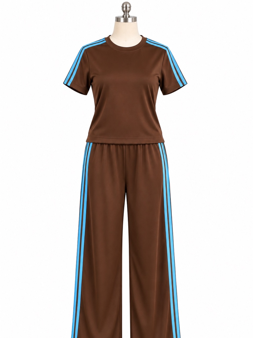 SHEIN Brown Wide-Leg Track Set with Blue Stripes